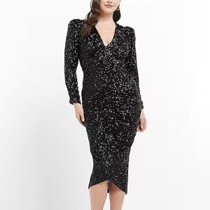 New Express Sequin V-Neck Puff Shoulder Ruched Midi Sheath Dress NWT